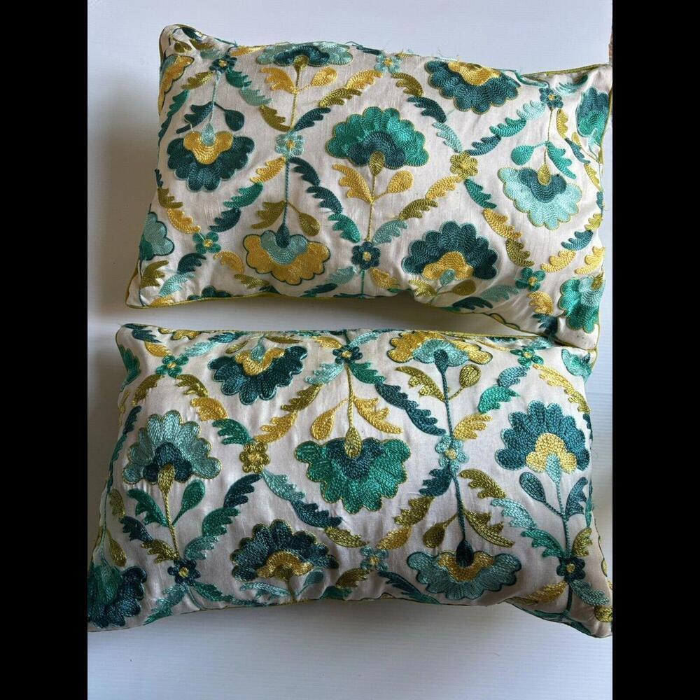 Pier 1 Embroidered Floral Pillow Green Blue 19x12